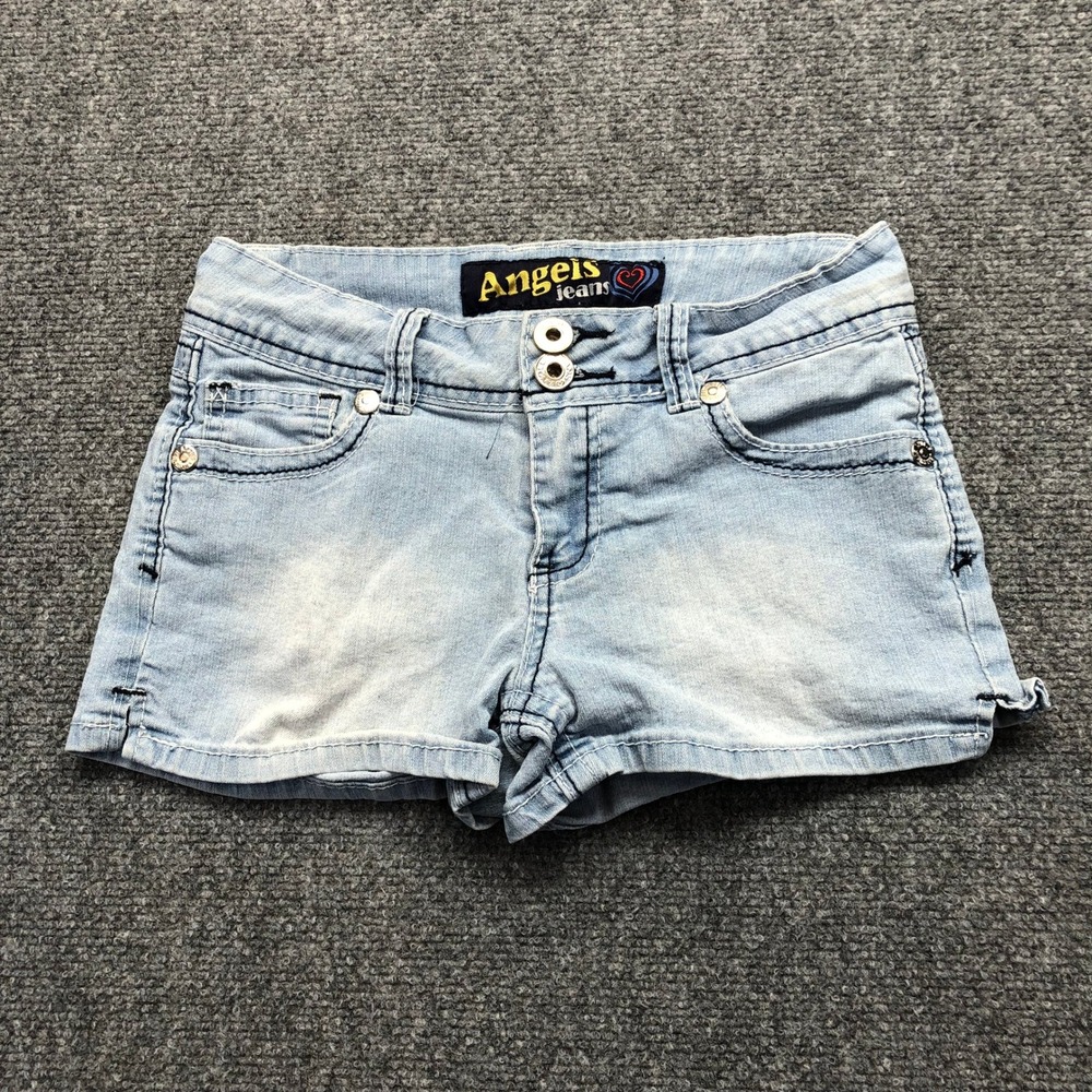 Angels Jeans Womens Light Wash Low Rise Rhinestone Fleur De Lis Denim Shorts 14